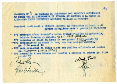 Allegato al verbale di passaggio dei preziosi confiscati a Anna Disegni dall'Intendenza di finanza di Sondrio al Credito fondiario, 1944